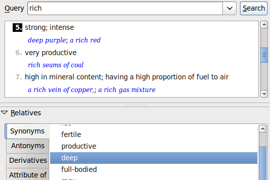 Relative-Sense Mapping of rich's synonym deep